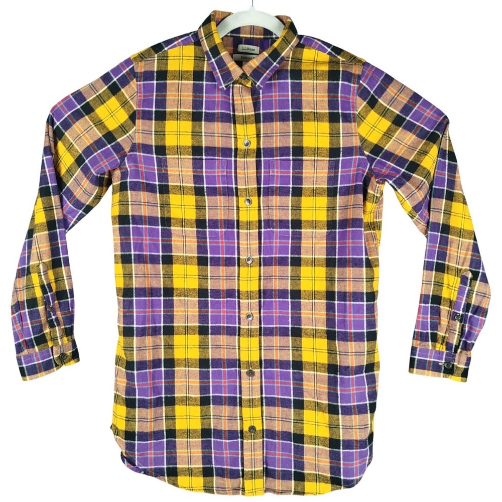 LL Bean Relaxed Fit Flannel Button Shirt Yellow Purple Tartan Plaid Womens Small